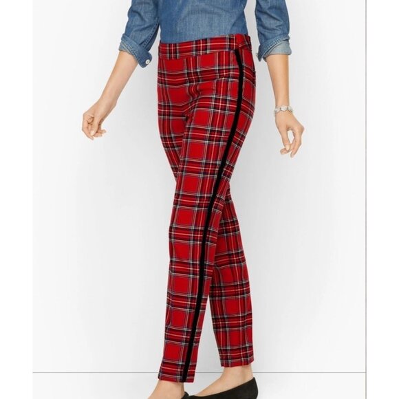 NWT Talbots Women’s 2 Slim Ankle Red Mountain Plaid Wool Blend Velvet Trim Pants - Picture 1 of 16